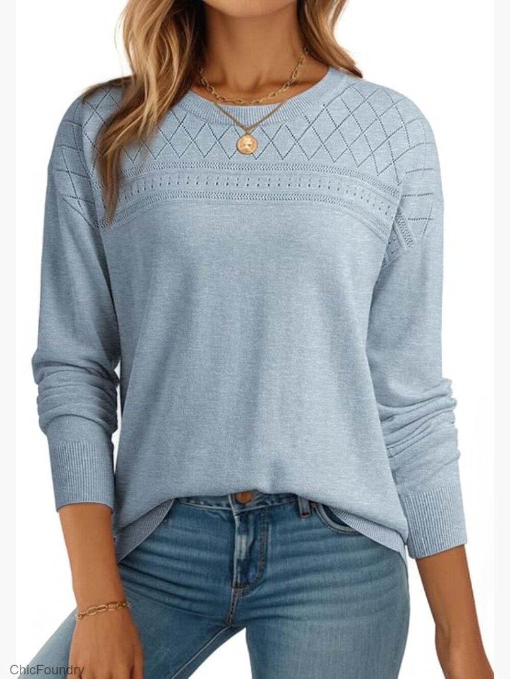 Wool Hollow Out Pullover Sweater Lightweight Crochet Crewneck Top